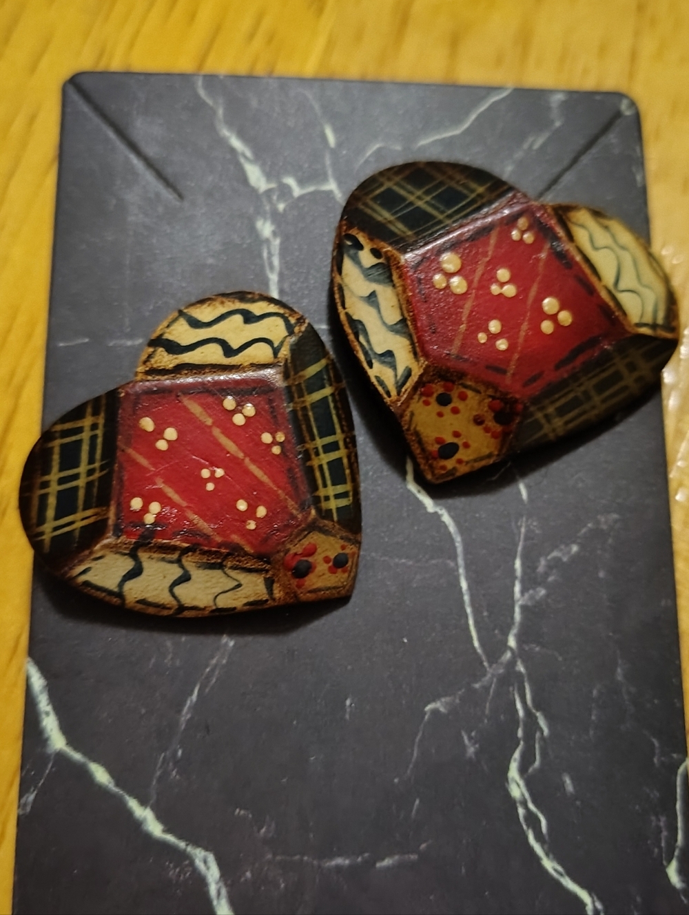 Vintage 90s Hand Painted Wood Patchwork Heart Earrings • Folk Art Boho